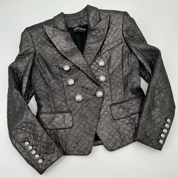Balmain Jackets & Blazers - BALMAIN Metallic Silver Viscose Quilted Double Breasted Blazer Jacket 44 US 12